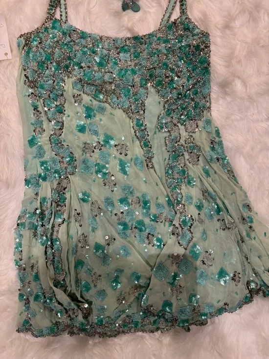 Embellished Mint Green Spaghetti Strap Dress - Picture 2 of 5